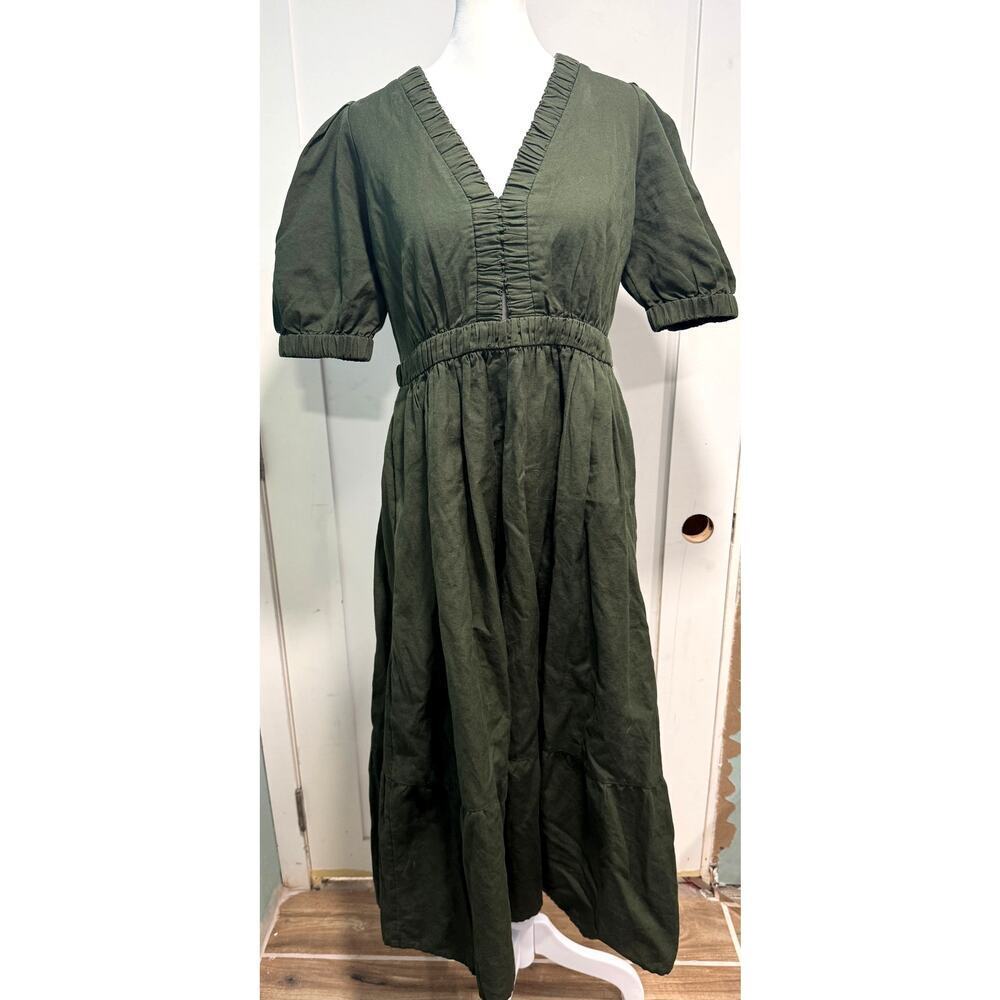 NWT AMOUR VERT Danielle Linen / Cotton Shortsleeve Olive Green Midi Dress Size S - Picture 3 of 6